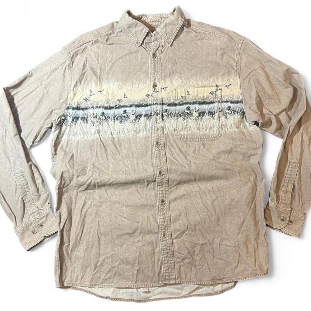 Cabela's nature AOP wrap around dogs and ducks chamois button up